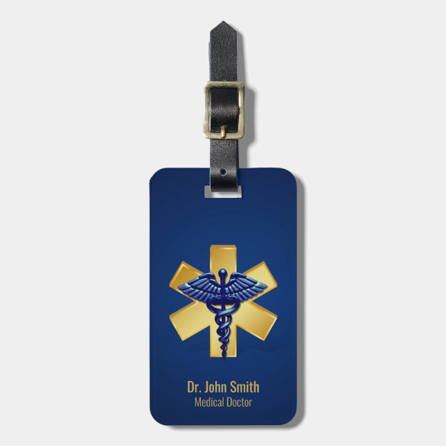 Blue Medical 3D Caduceus Gold Cross Gepäckanhänger (Vorderseite vertikal)