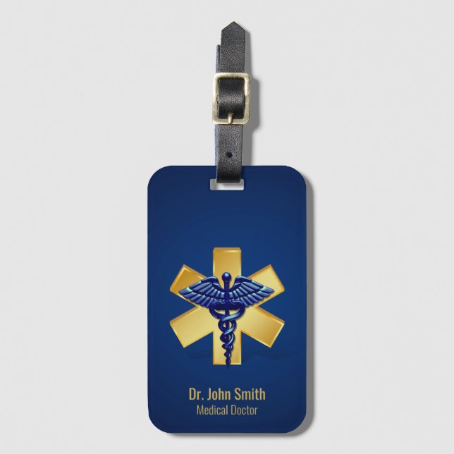 Blue Medical 3D Caduceus Gold Cross Gepäckanhänger (Vorderseite Vertikal)