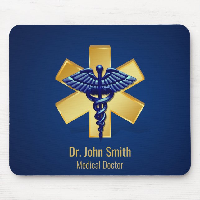 Blue Medical 3D Caduceus Gold Cross Mousepad (Vorne)