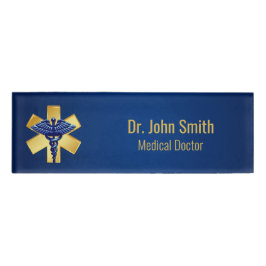 Blue Medical 3D Caduceus Gold Cross Namenschild