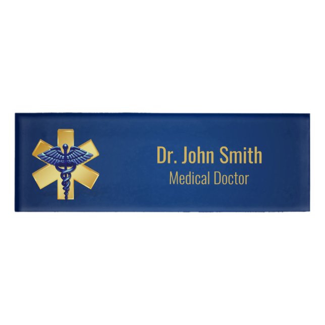 Blue Medical 3D Caduceus Gold Cross Namenschild (Vorderseite)