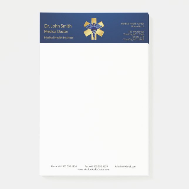 Blue Medical 3D Caduceus Gold Cross Post-it Klebezettel (Vorderseite)
