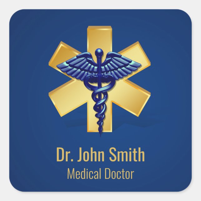 Blue Medical 3D Caduceus Gold Cross Quadratischer Aufkleber (Vorderseite)