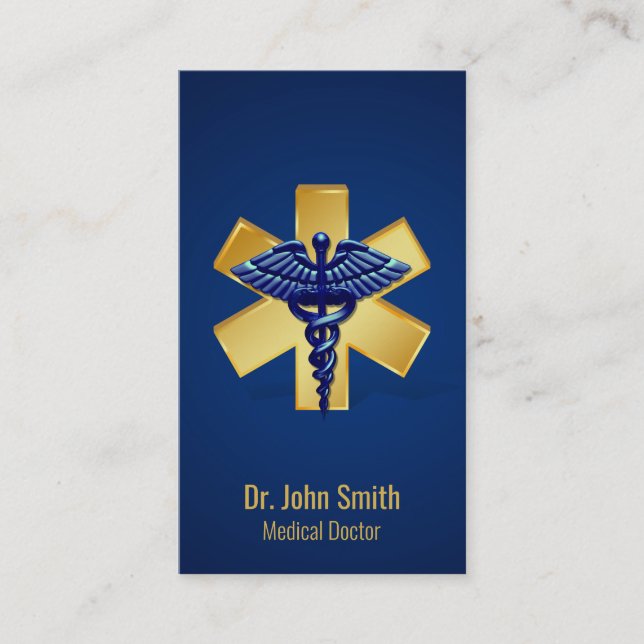 Blue Medical 3D Caduceus Gold Cross Visitenkarte (Vorderseite)
