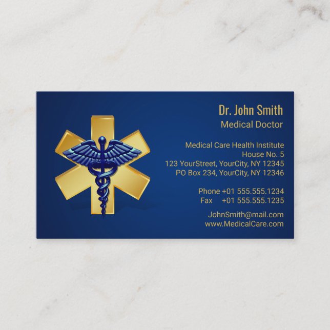 Blue Medical 3D Caduceus Gold Cross Visitenkarte (Vorderseite)