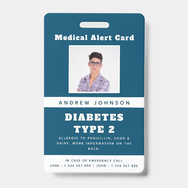 Blue Medical Alert Emergency ID Foto Adult Name Ausweis (Vorderseite)