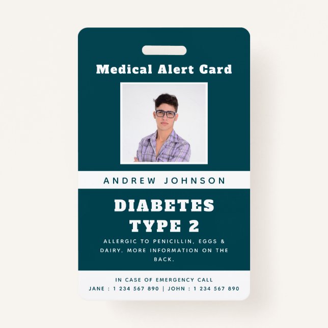 Blue Medical Alert Emergency ID Foto Adult Name B Ausweis (Vorderseite)