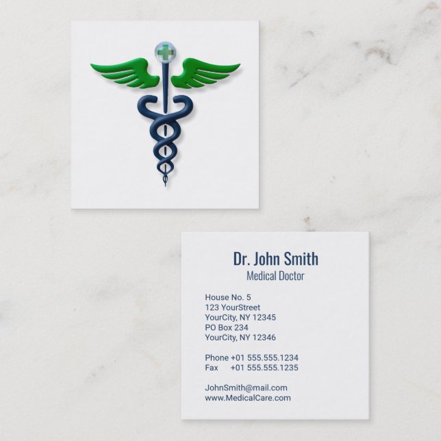 Blue Medical Caduceus Green Wings Stilvolles Kreuz Quadratische Visitenkarte (Vorne/Hinten)