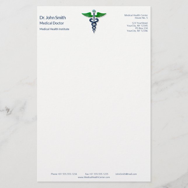 Blue Medical Caduceus Stilvolles Green Wings Cross Briefpapier (Vorderseite)