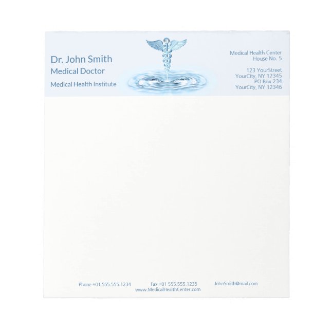 Blue Medical Caduceus Water Ripples Hermes Rod Notizblock (Vorderseite)