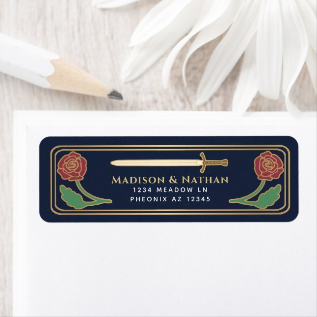 Blue Medieval Fantasy Gold Sword Wedding Label (Insitu)