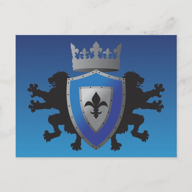 Blue Medieval Lion Heraldry Postcard Postkarte (Vorderseite)