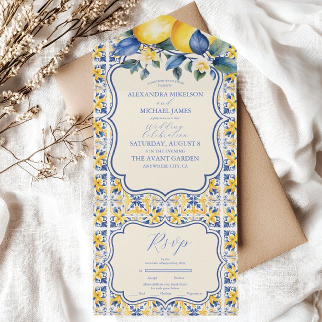 Blue Mediterranea Tile & Lemon Wedding All In One Einladung (Von Creator hochgeladen)