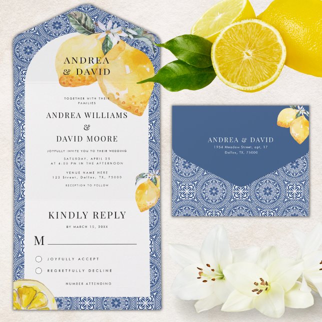 Blue Mediterranea Tile & Lemon Wedding All In One Einladung (Von Creator hochgeladen)