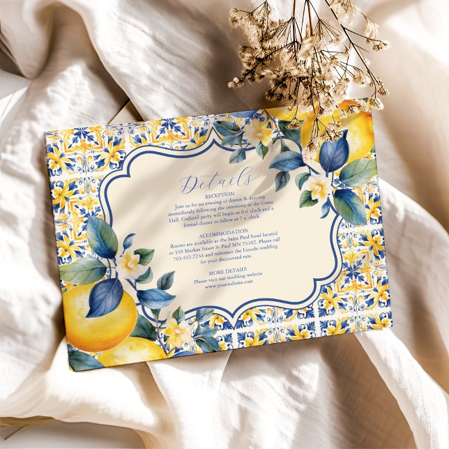 Blue Mediterranea Tile & Lemon Wedding Begleitkarte (Von Creator hochgeladen)