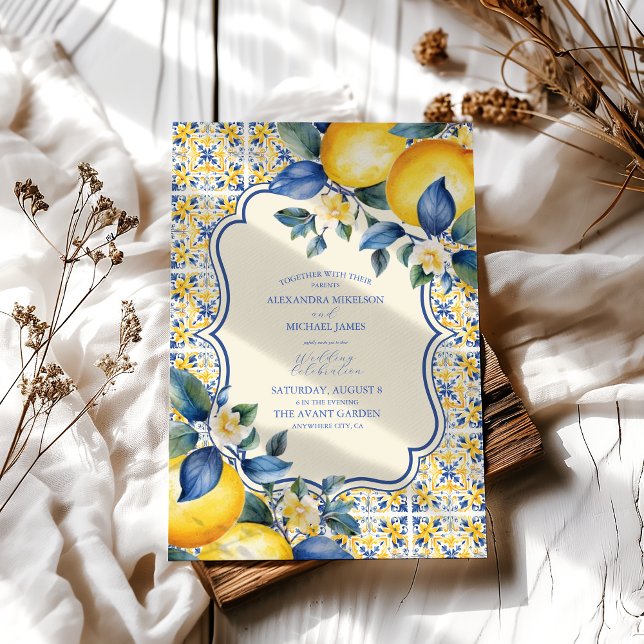Blue Mediterranea Tile & Lemon Wedding Einladung (Von Creator hochgeladen)