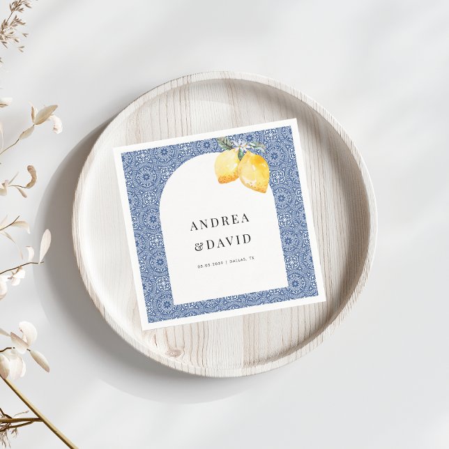 Blue Mediterranean Italian Tile Lemon Wedding Serviette (Von Creator hochgeladen)