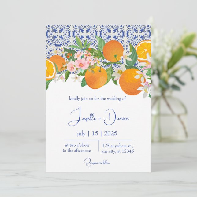 Blue Mediterranean Italian Tile & Orange Wedding Einladung (Stehend Vorderseite)