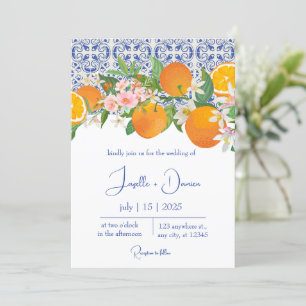 Blue Mediterranean Italian Tile & Orange Wedding Einladung