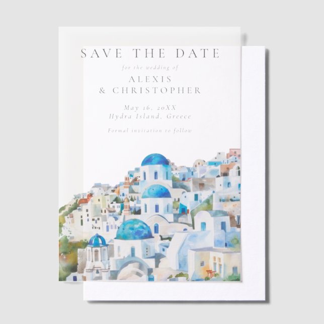 Blue Mediterranean Skyline Wedding Save the Date (Versetzt)
