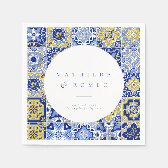 Blue Mediterranean Tile & Citrus Hochzeitsnapkins Serviette (Vorderseite)