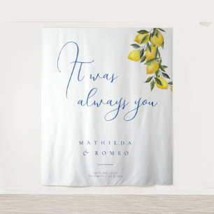 Blue Mediterranean Tile & Citrus Hochzeitstorts Wandteppich