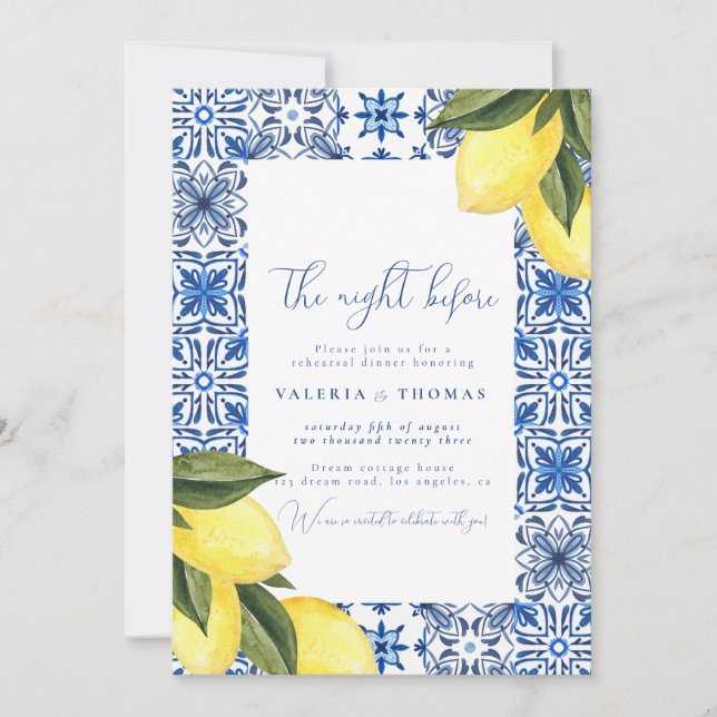 Blue Mediterranean Tile & Citrus Wedding Probe Einladung (Vorderseite)