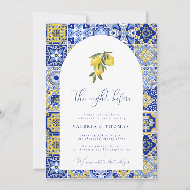 Blue Mediterranean Tile & Citrus Wedding Probe Einladung (Vorderseite)