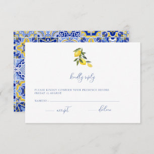 Blue Mediterranean Tile & Citrus Wedding RSVP Kart