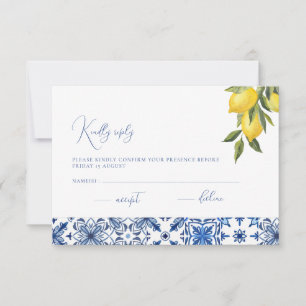 Blue Mediterranean Tile & Citrus Wedding RSVP Kart