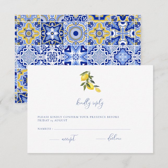 Blue Mediterranean Tile & Citrus Wedding RSVP Kart Karte (Vorne/Hinten)