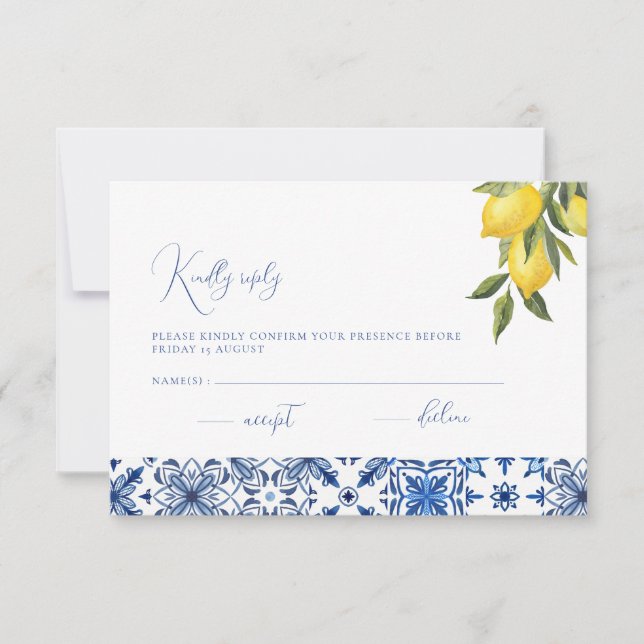 Blue Mediterranean Tile & Citrus Wedding RSVP Kart Karte (Vorderseite)