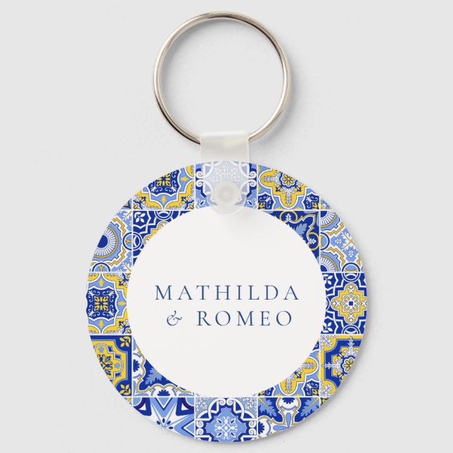Blue Mediterranean Tile & Citrus Wedding Schlüsselanhänger (Vorderseite)