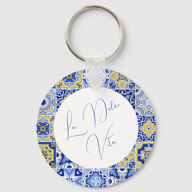 Blue Mediterranean Tile & Citrus Wedding Schlüsselanhänger (Vorderseite)