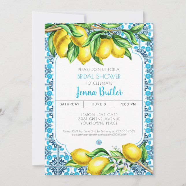 Blue Mediterranean Tile Lemon Bridal Shower Einladung (Vorderseite)