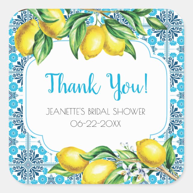 Blue Mediterranean Tile Lemon Bridal Thank You Quadratischer Aufkleber (Vorderseite)