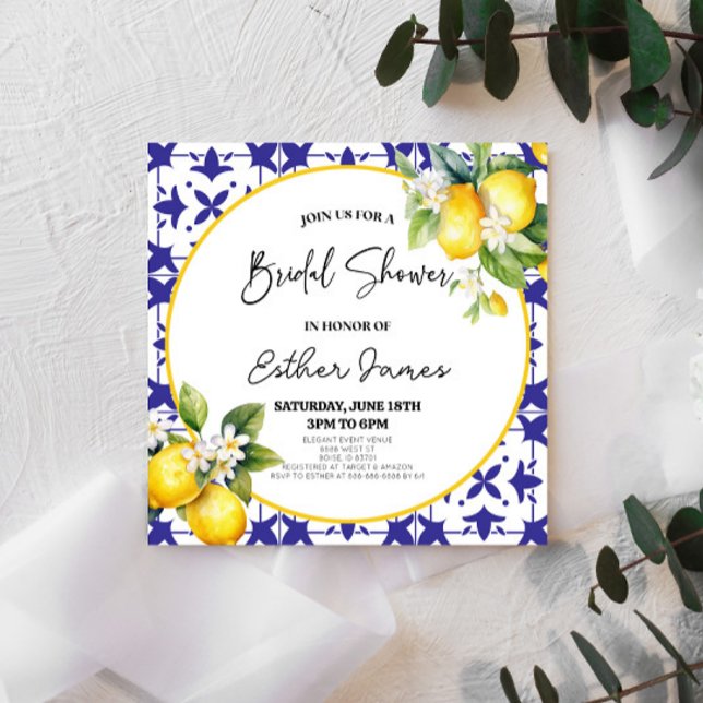 Blue Mediterranean Tile Lemon Floral Bridal Shower Einladung (Von Creator hochgeladen)