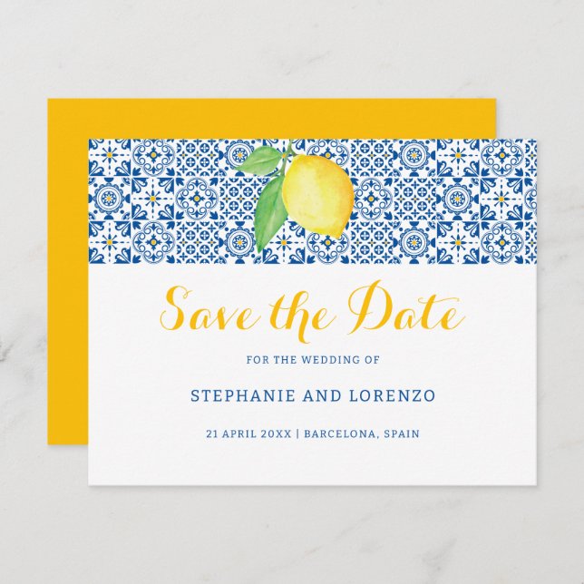 Blue Mediterranean Tile Watercolor Lemon Wedding Save The Date (Vorne/Hinten)