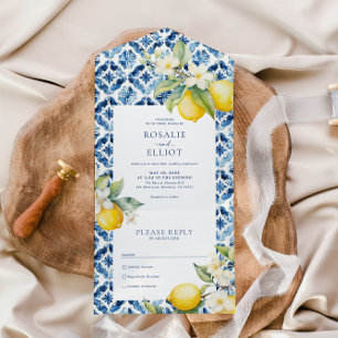 Blue Mediterranean Tiles Italian Lemon Wedding All In One Einladung