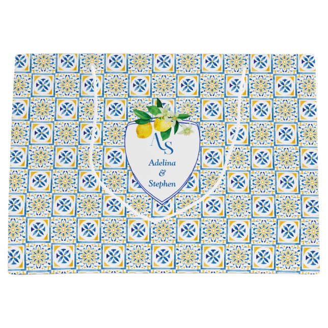Blue Mediterranean Tiles Italy Wappen Lemon Weddin Große Geschenktüte (Vorderseite)