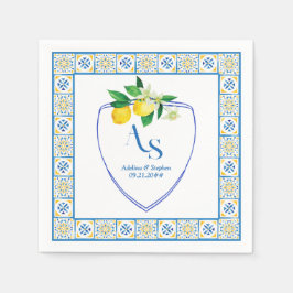 Blue Mediterranean Tiles Italy Wappen Lemon Weddin Serviette