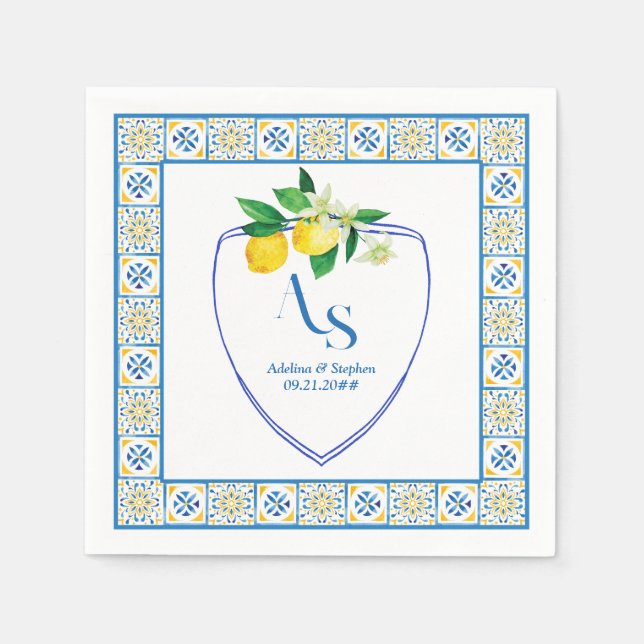Blue Mediterranean Tiles Italy Wappen Lemon Weddin Serviette (Vorderseite)