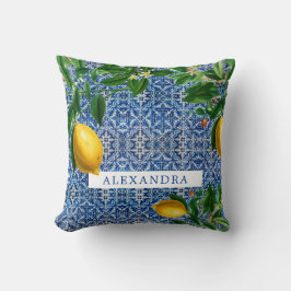 Blue Mediterranean Tiles Lemons Chic Modern Kissen
