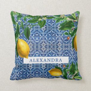 Blue Mediterranean Tiles Lemons Chic Modern Kissen