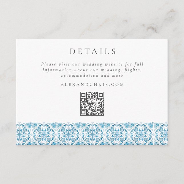 Blue Mediterranean Wedding Details QR Code Begleitkarte (Vorderseite)
