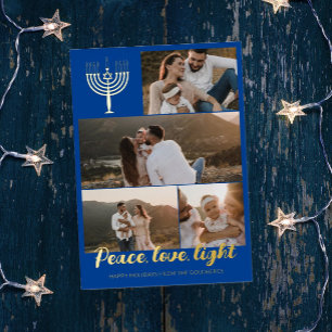 Blue Menorah Peace Liebe Foto Collage Gold Folien Feiertagskarte