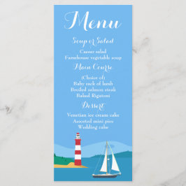 Blue Menu Sailboat & Lighthouse Hochzeit Menükarte