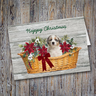 Blue Merle Aussie Puppy in Basket Weihnachtskarte