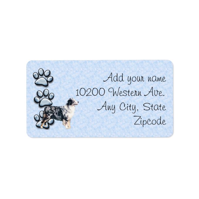 Blue Merle Aussie und 3 blaue Drucke Adressaufkleber (Vorne)