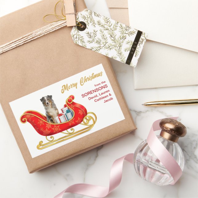 Blue Merle Australian Shepherd Christmas Sleigh Rechteckiger Aufkleber (Schenken)